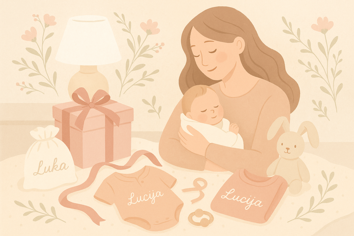 Ritual jedne ruke uz personalizirane poklone za bebe koji oslobađaju drugu za zagrljaj