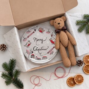 Božićni paket – oslikani tanjur i ručno rađeni medo