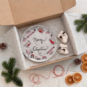 Handmade božićni paket – ručno oslikani tanjur i ručno pletene papučice za bebu