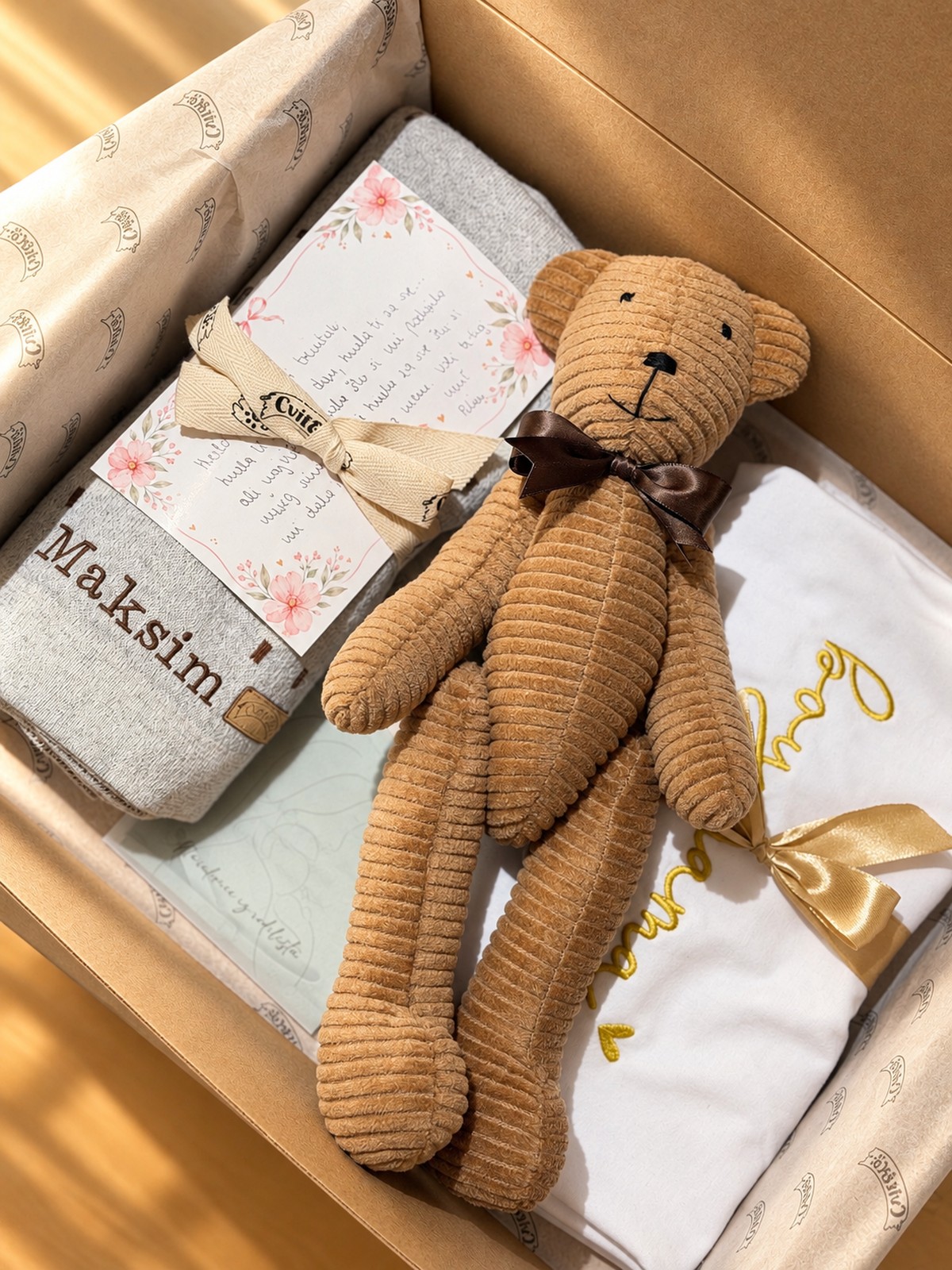 Poklon paket Mama i beba: siva dekica s imenom, smeđi medo, mint torbica za narukvicu i bijela Boy mama majica sa zlatnim vezom